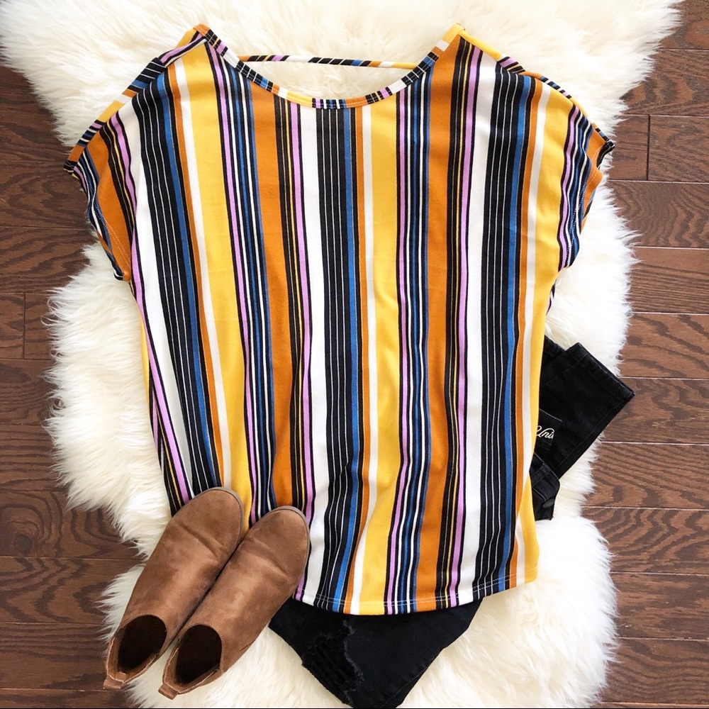 Multi-Colored Striped Short Sleeve Open Back Top M